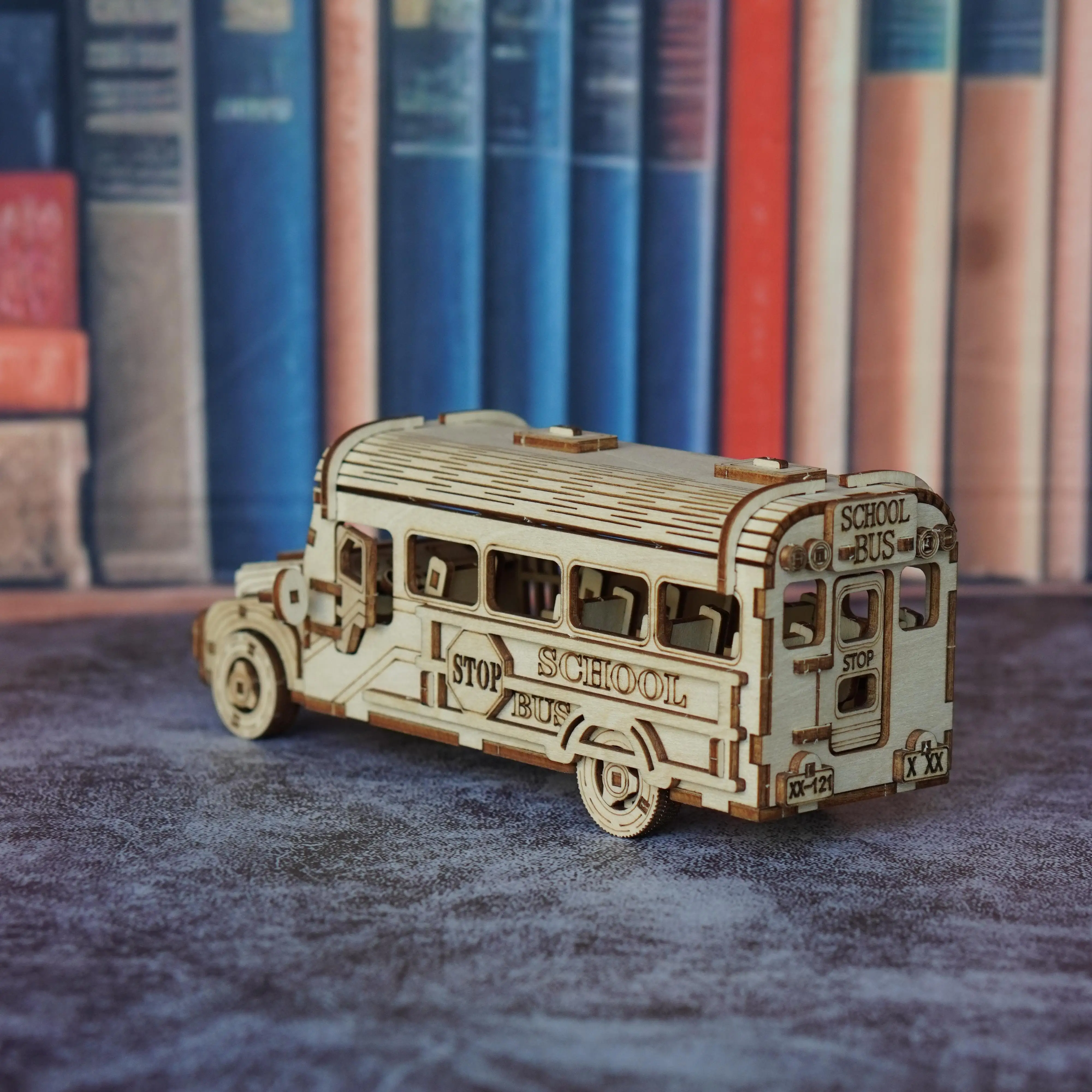 نموذج تجميع حافلة مدرسية أحجية خشبية ثلاثية الأبعاد، نموذج سيارة مجمع يدويًا، هدية تزيين لعبة إبداعية ذاتية الصنع #3