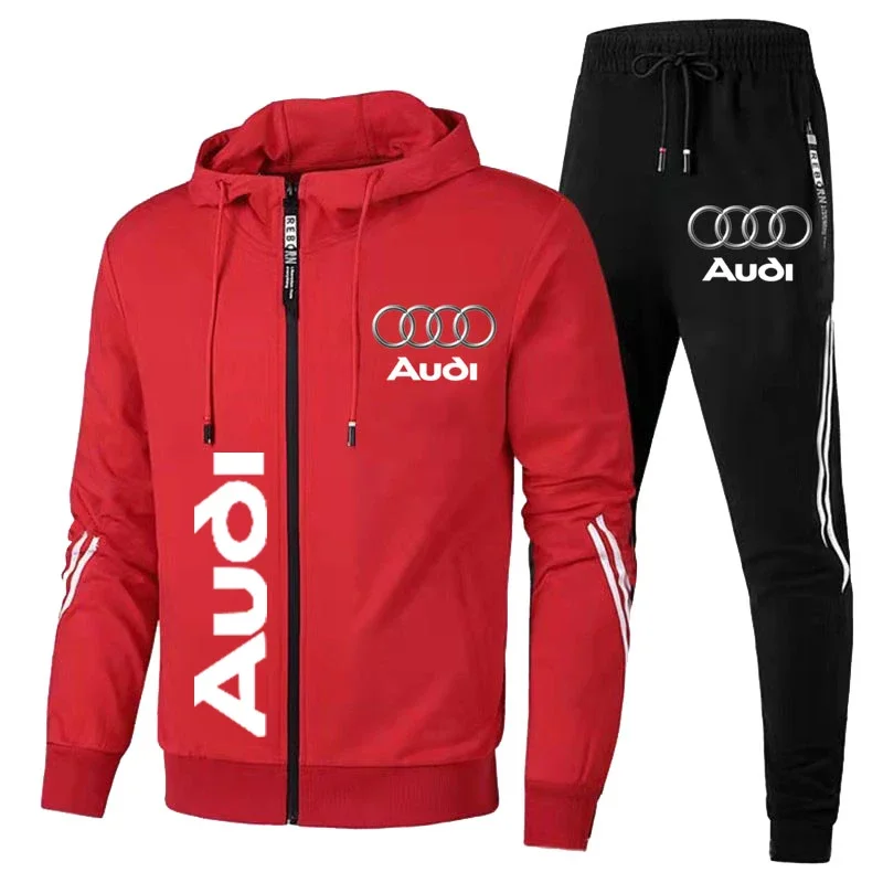 Men\'s Tracksuit Men Audi Logo Print Zipper Sweatshirt+Pants 2 Piece Suit Fitness Jogging Sets Suit Audi Men Clothing Sportswear