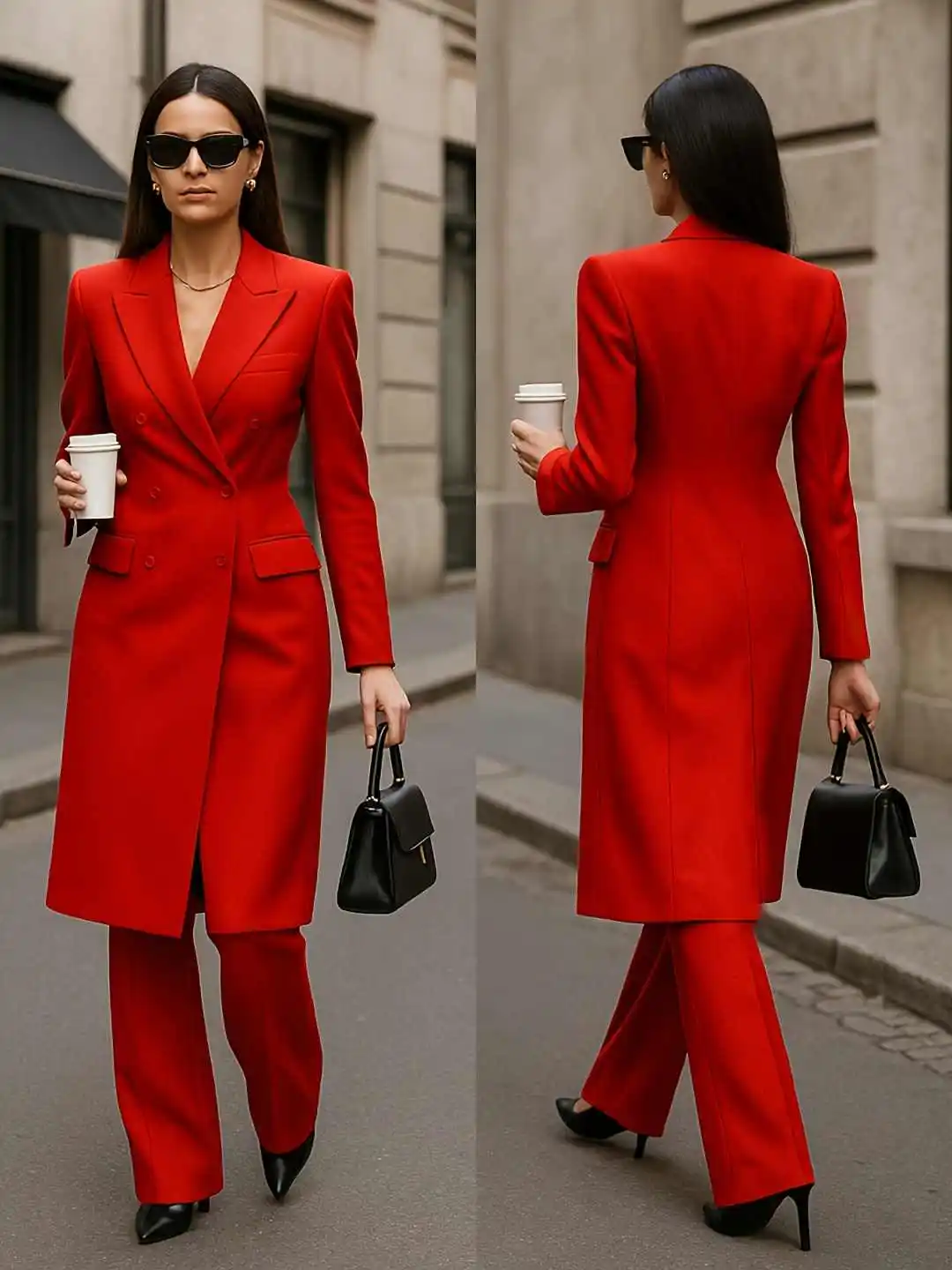 

Vintage Slimming Women Suit 2 Pcs Jacket Pants Pocket Solid Double Breasted High Waist Business Customized Plus Size