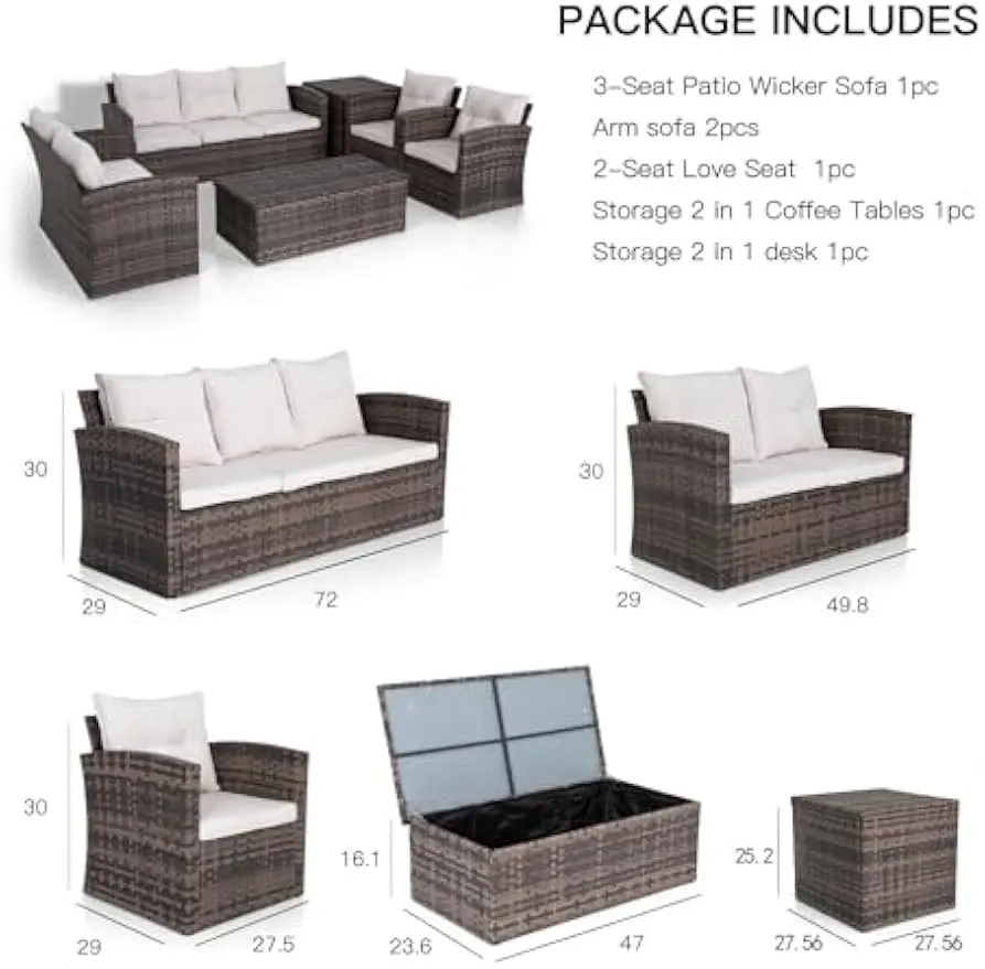 6 Piece Patio Furniture Set,Outdoor Patio Backyard Sofa Set with2 Storage Tables and Cushions,Wicker Rattan Sectional Sofa Couch