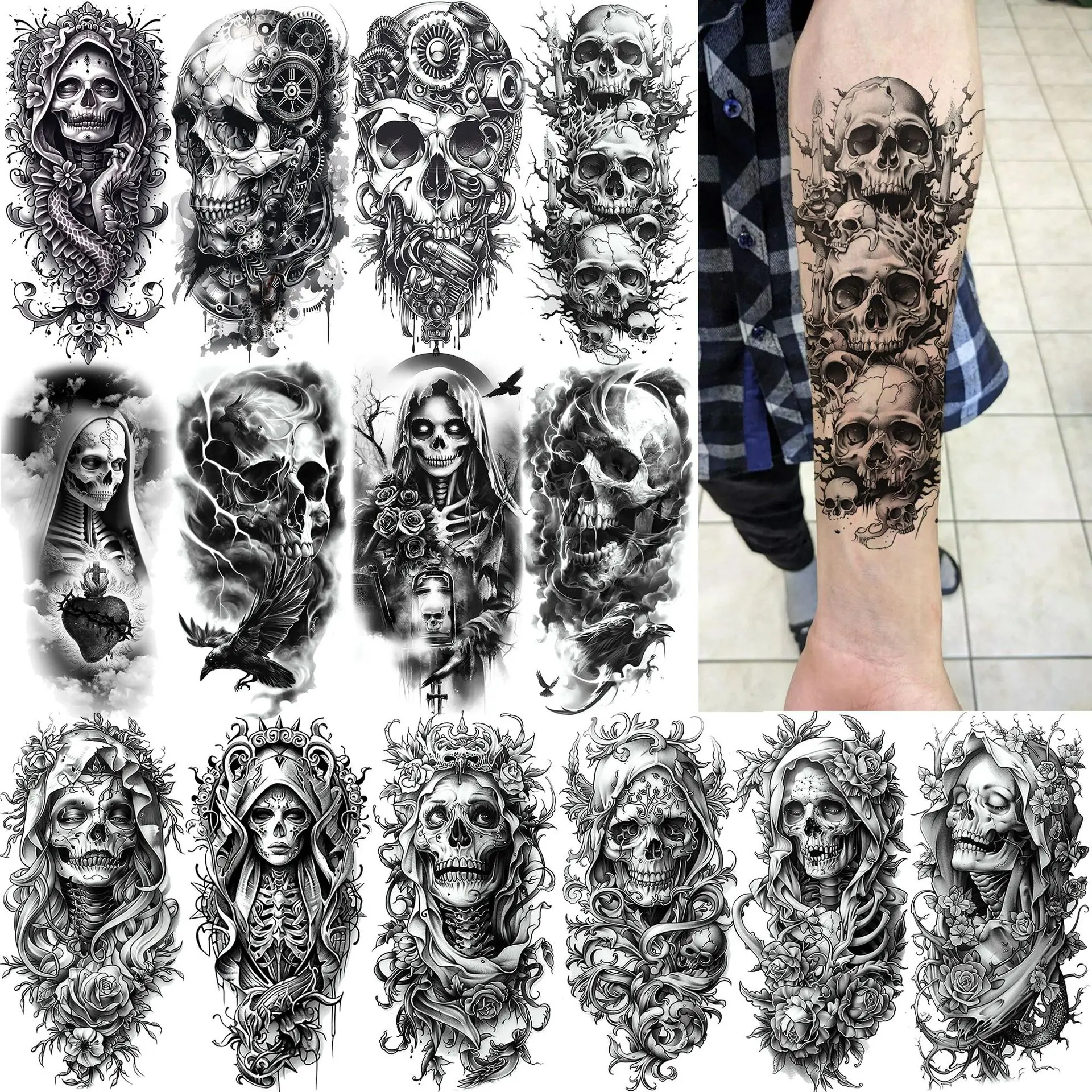 

Skull Temporary Tattoo Stickers Waterproof Long Lasting Realistic Non Toxic for Arm Calf Halloween Party