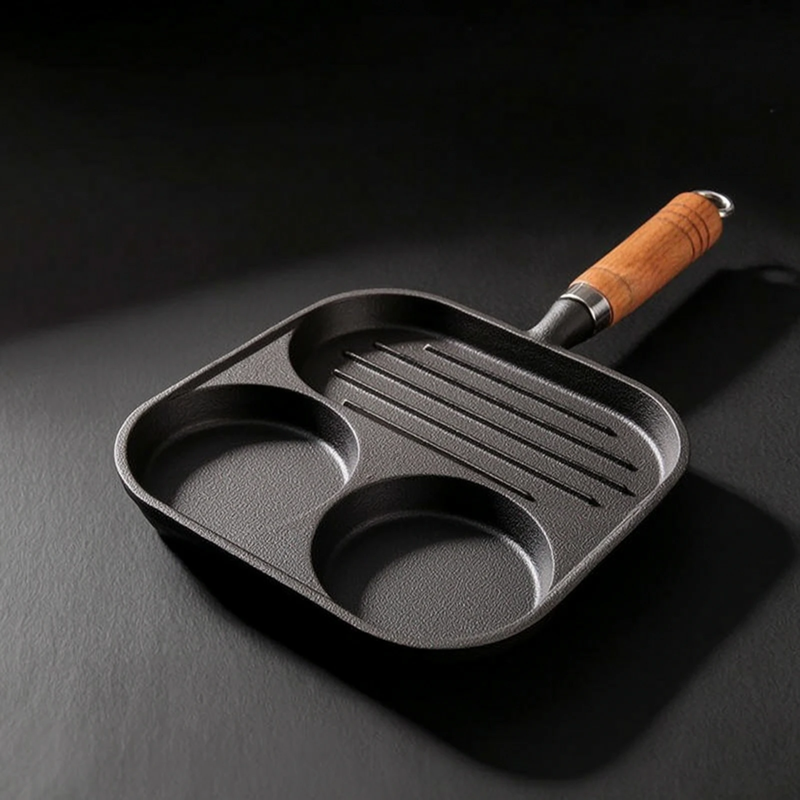 Cast Iron Pan with Wooden Handle Induction Compatible 3-Section Pan Breakfast Skillet Non-Stick Cookware Quick Heating