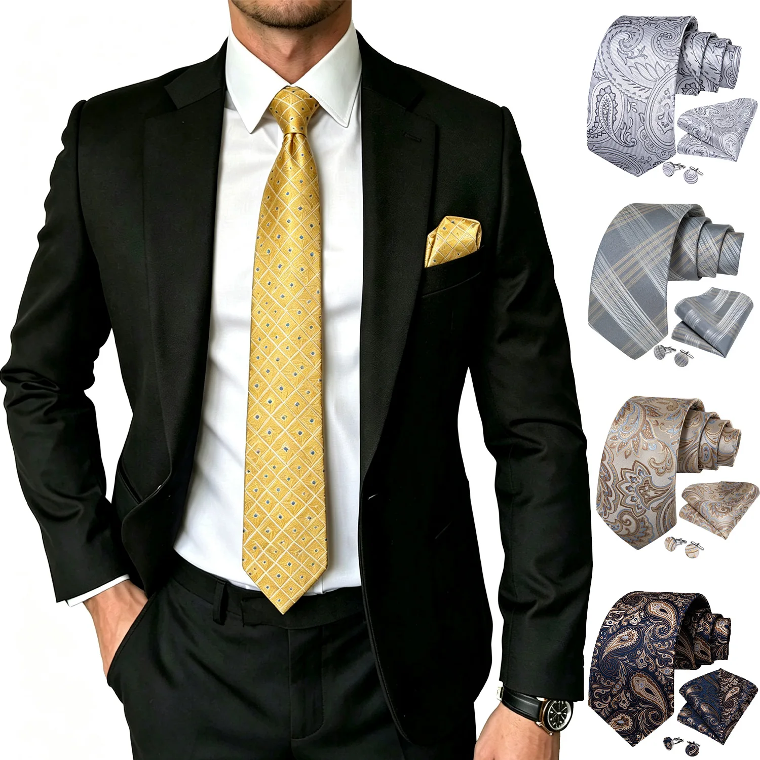 Gold Silver Series Mens Necktie Set 3 Piece, Paisley Striped Tie Cufflinks Pocket Square For Formal Occasions
