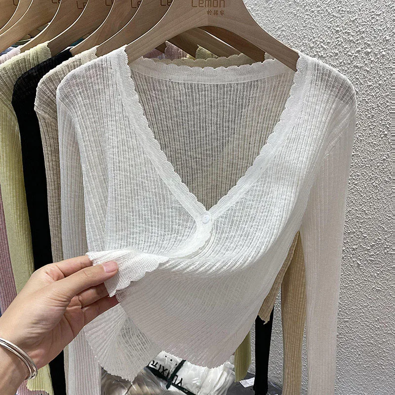 Nuevo Suéter de Punto de Manga Larga para Mujer, Cárdigan con Cuello en V, Suéter de Punto Blanco con Protección Solar, Cárdigan para Mujer, Tops, Suéteres de Mujer Q3670