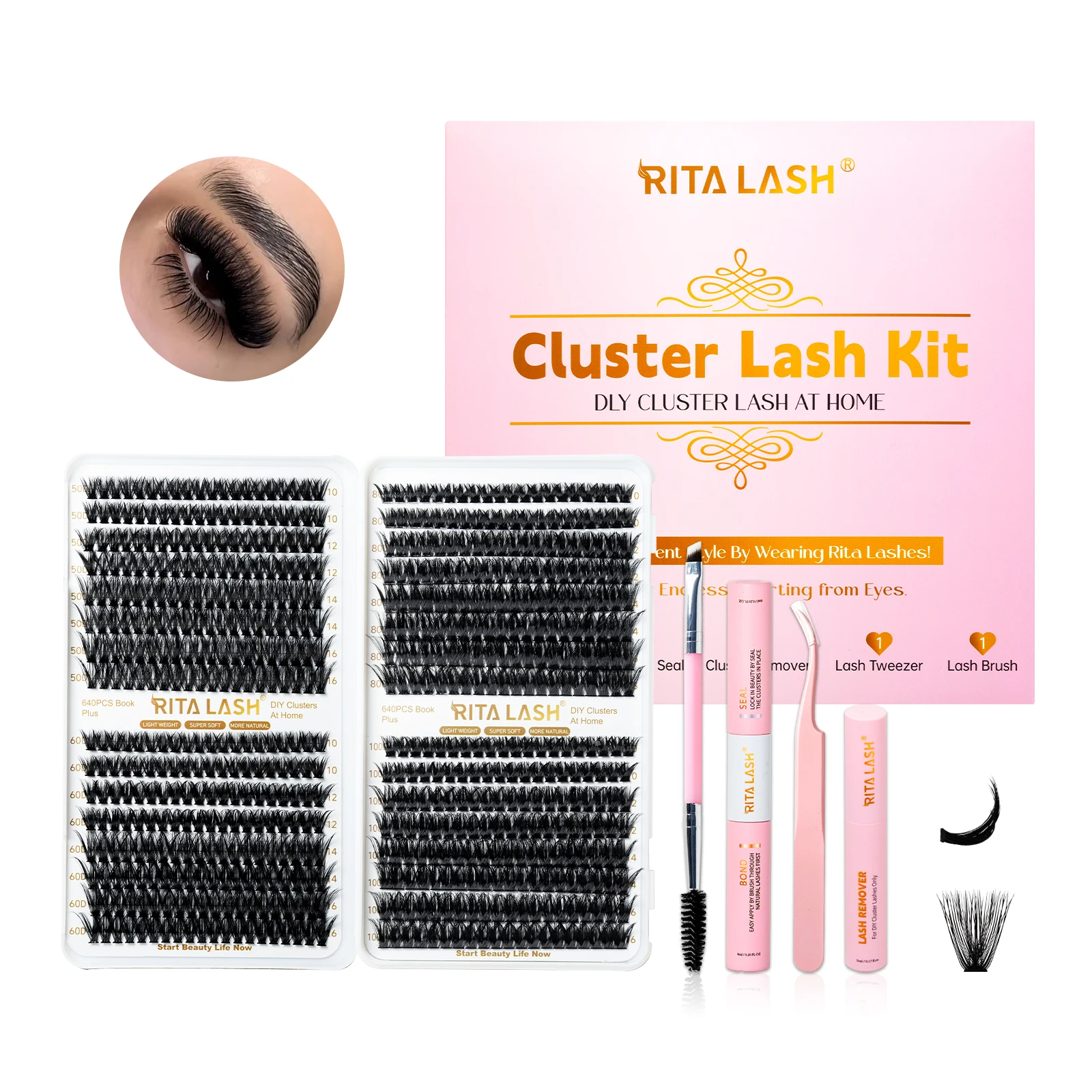 まつげエクステ用Riscar-640パーツ,接着剤とシール付きまつげエクステのセット,ピンセットとブラシ,DIY