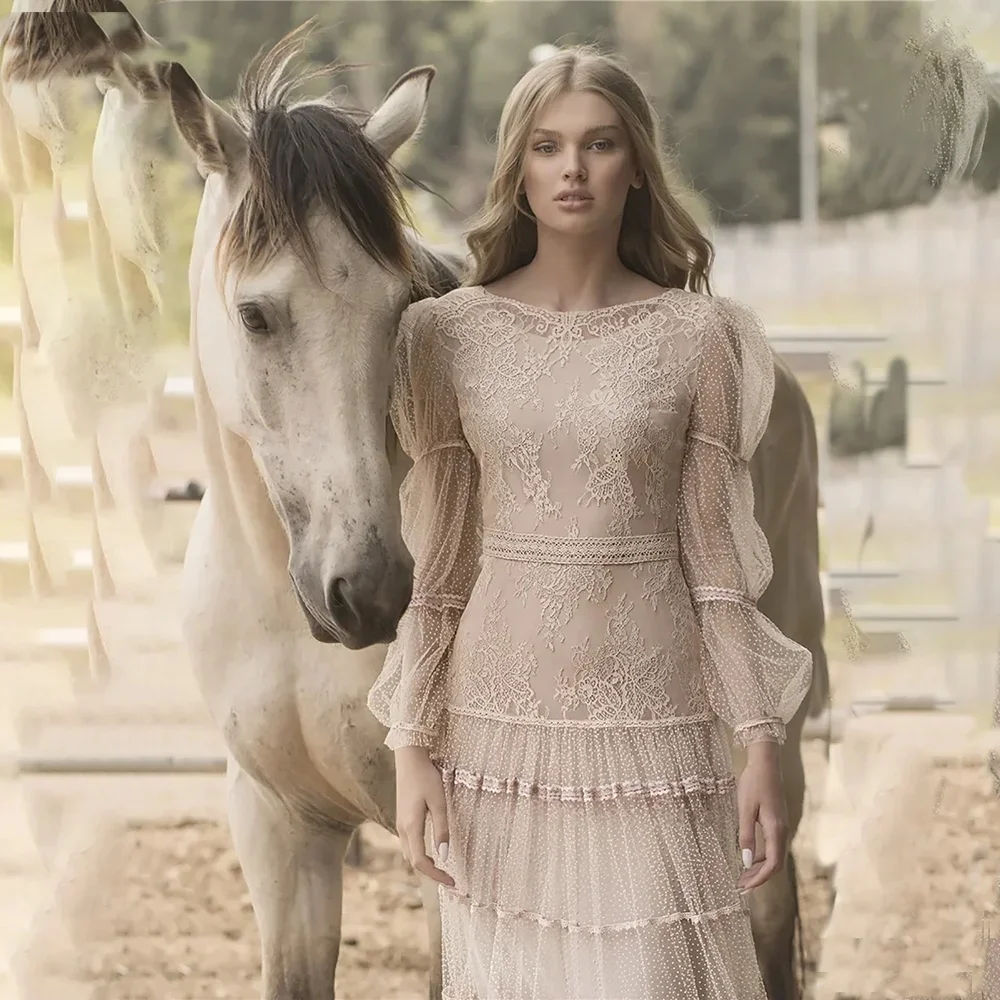 럭셔리 베이지 이브닝 가운 롱 퍼프 슬리브 레이스 튤 맥시 드레스 웨딩 드레스 여성용 정장 파티 드레스