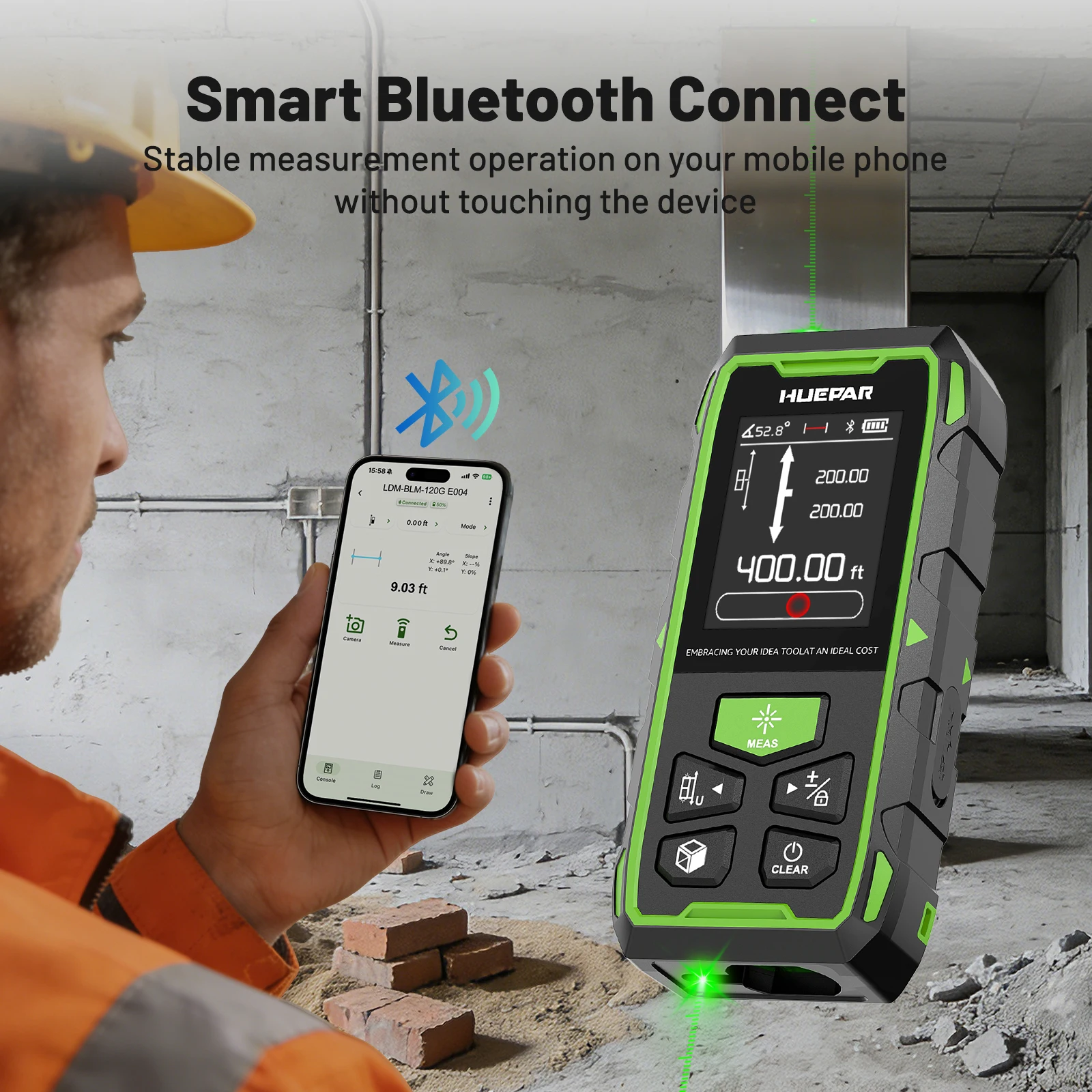 Huepar Green Laser Distance Meter 120M/200M Measure Tool With Bluetooth,Remote App,High Precision Laser Rangefinder BLM-60G-BT