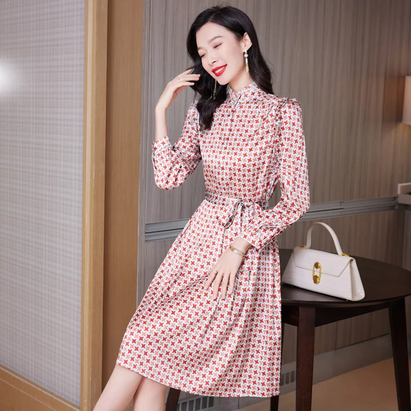 9507 Graceful Stand Collar Wooden Ear Silk Dress Women's Spring 2024 New Slimming Mid-Length Silk Skirt