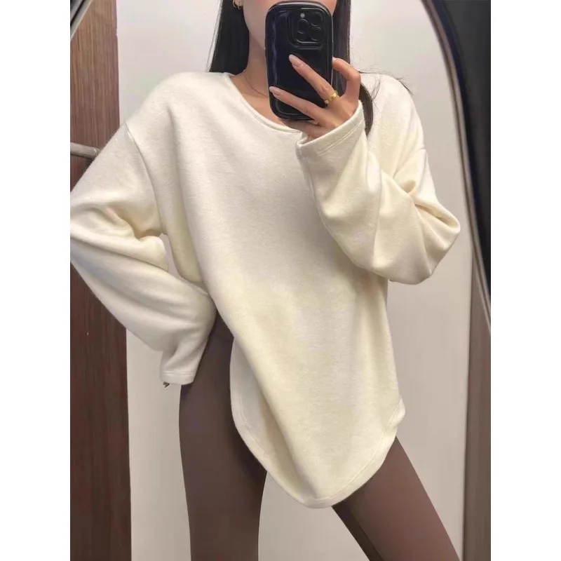 

American Design Sense Yoga Clothes Autumn New White Long-sleeved Slit T Shirt Women's Ins Style Loose Casual Base Tops