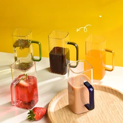 Modern Square Clear Glass Mug with Colored Handle Household Juice Drink Cup Large Capacity 400ml High Borosilicate Glass Tea Cup