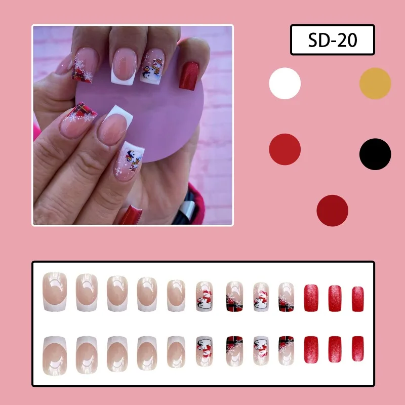 24pcs Press on Nails High Quality Short Medium Winter Snowflake Snowman Penguin Nail Art Christmas Self-adhesive False Nails Set