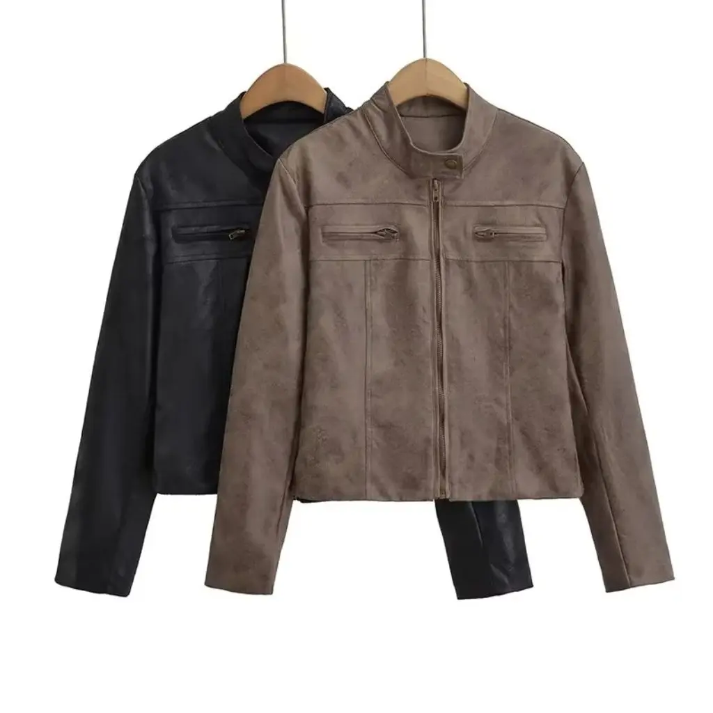 

Women's Stand Collar Long Sleeve PU Leather Short Jacket Zipper Suede Top European American Style Baseball Uniform