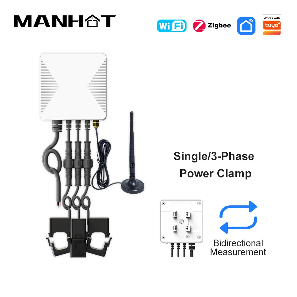 MANHOT Wifi/Zigbee Single/3-Phase Electricity Energy Meter 80A/120A with 3 CT Clamps Smart Bidirectional Monitor Current Voltage