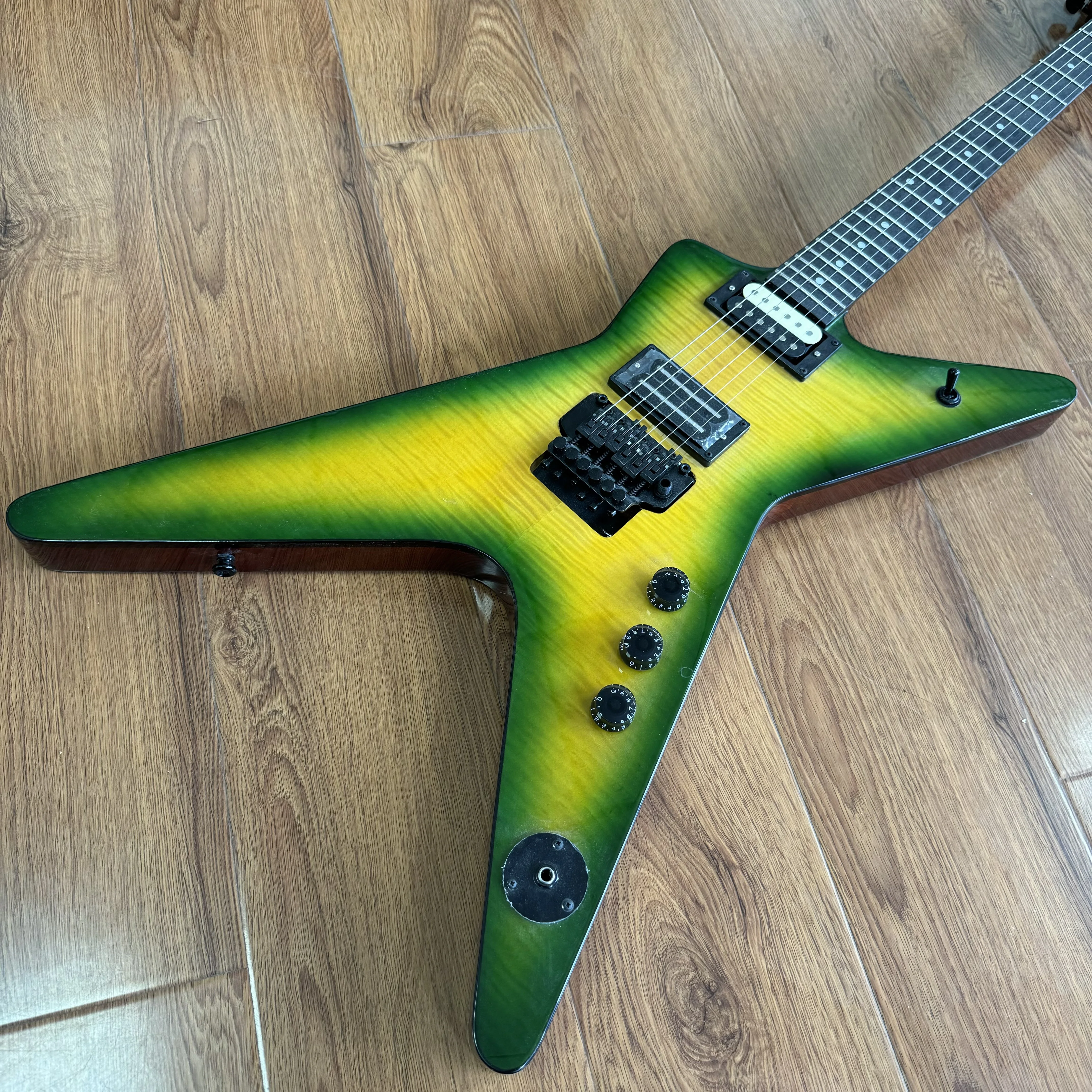 In Stock Fork Style Electric Guitar Green Yellow Burst Flame Maple Top Floyd Rose Tremolo HH Humbuckers 6 String Metal Guitar
