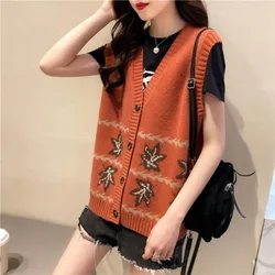 Clothes for Women Vintage Fashion Print Sleeveless Cardigan Simple Casual V Neck Knitted Sweater Vest Loose All Match Waistcoat