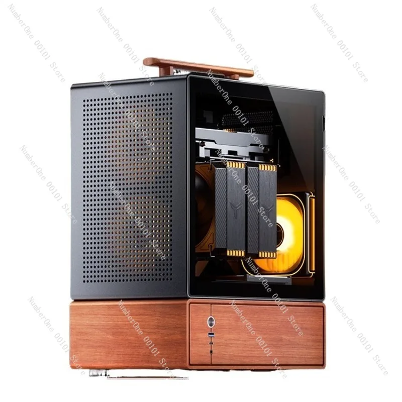 Portable Mini MATX Computer Case, Aluminum Alloy Frame with Walnut Wood Panel, Luxury Design Compact Desktop PC Chassis