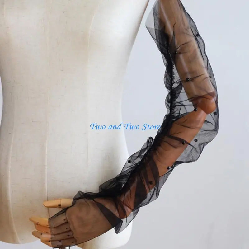 HX6F Classical Pearls Arm Sleeves Tulle Arm Covers Bridal Shower Stretchable Gloves for Formal Occasion Wedding Accessories