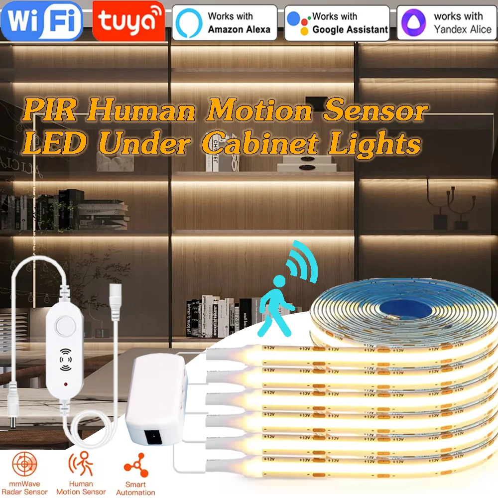 Tuya WiFi DC12V COB LED Strip Light Under Cabinet Lamp PIR Human Presence Motion Sensor Dimmer  Kitchen Showcase Bedroom Decor