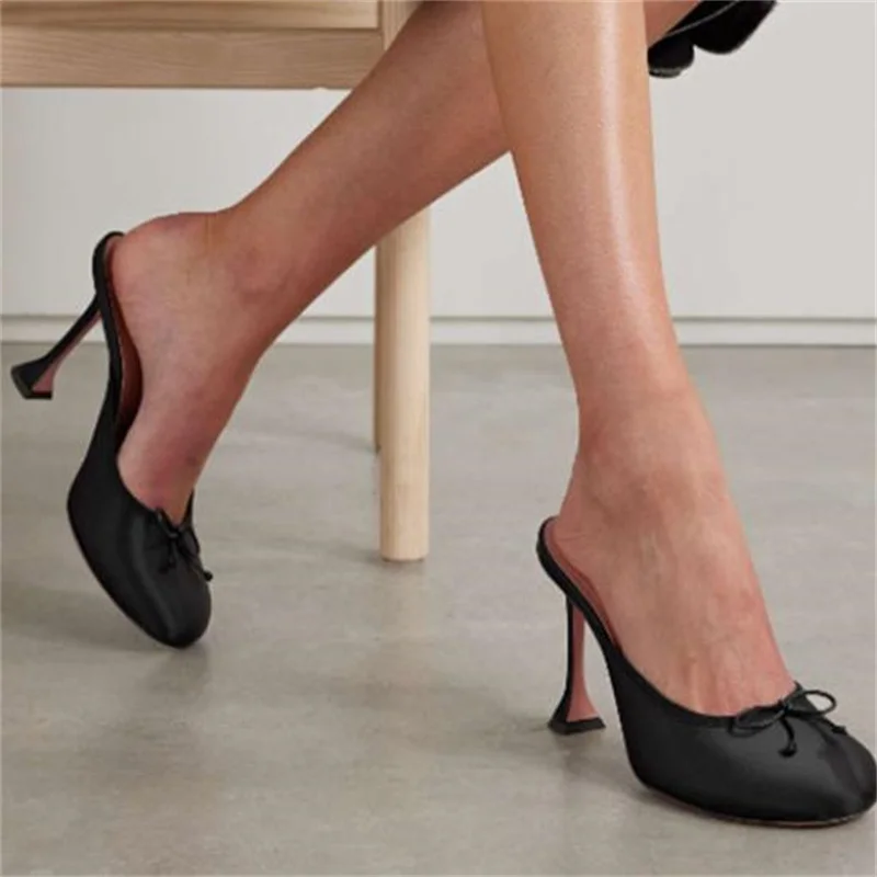 

Silk Shoes for Women Round Toe High Heels Bow-tied Female Slippers Butterfly-knot Tacones Lady Solid Sewing Lines Chassure Femme