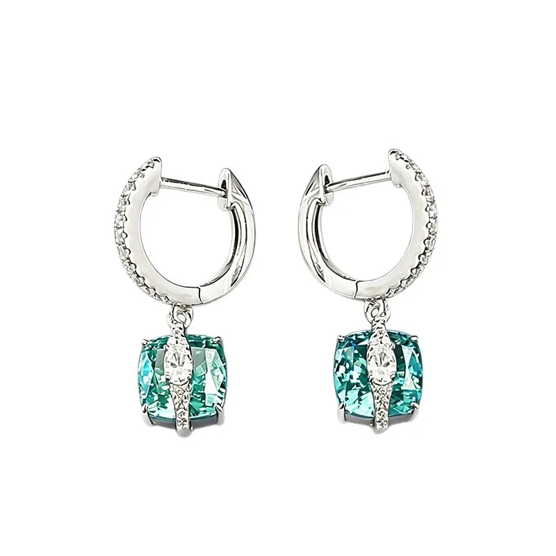 Pendientes de Plata S925 de Lujo con Paraiba, Corte Cojín de 8*8mm, Color Azul Verde Eléctrico, Clips para Oreja, Joyería Elegante para Mujer, Boda, Fiesta