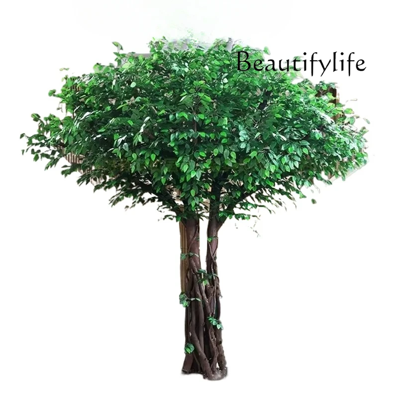 Large simulated fake tree plant living room fortune tree solid wood decoration custom