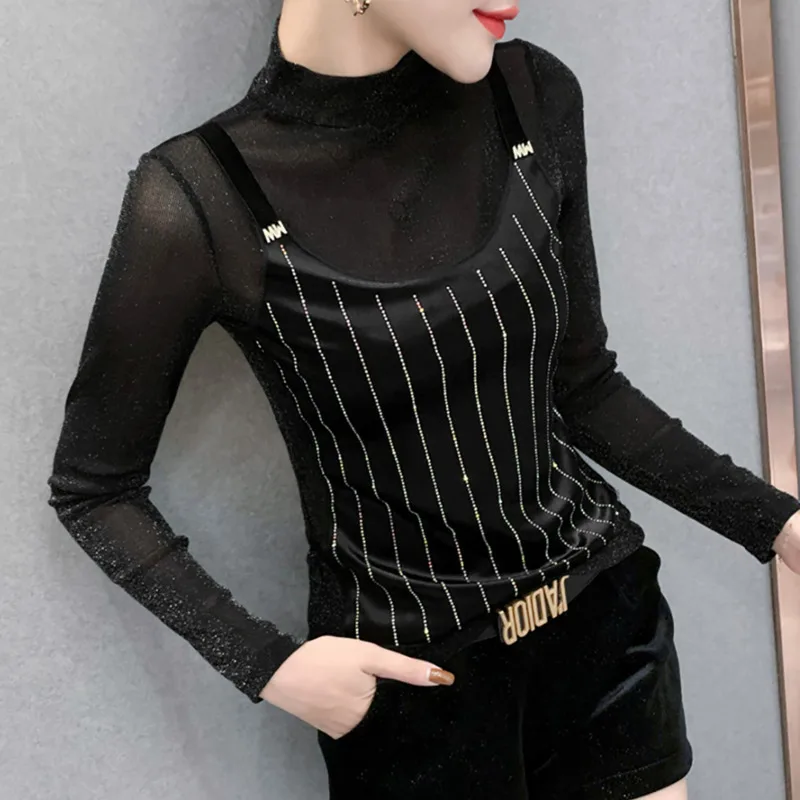 #8104 Spring Autumn Black False Two Piece T Shirt Women Turtleneck Sexy Spliced Mesh Long Sleeve Women\'s T Shirt Femme Diamonds