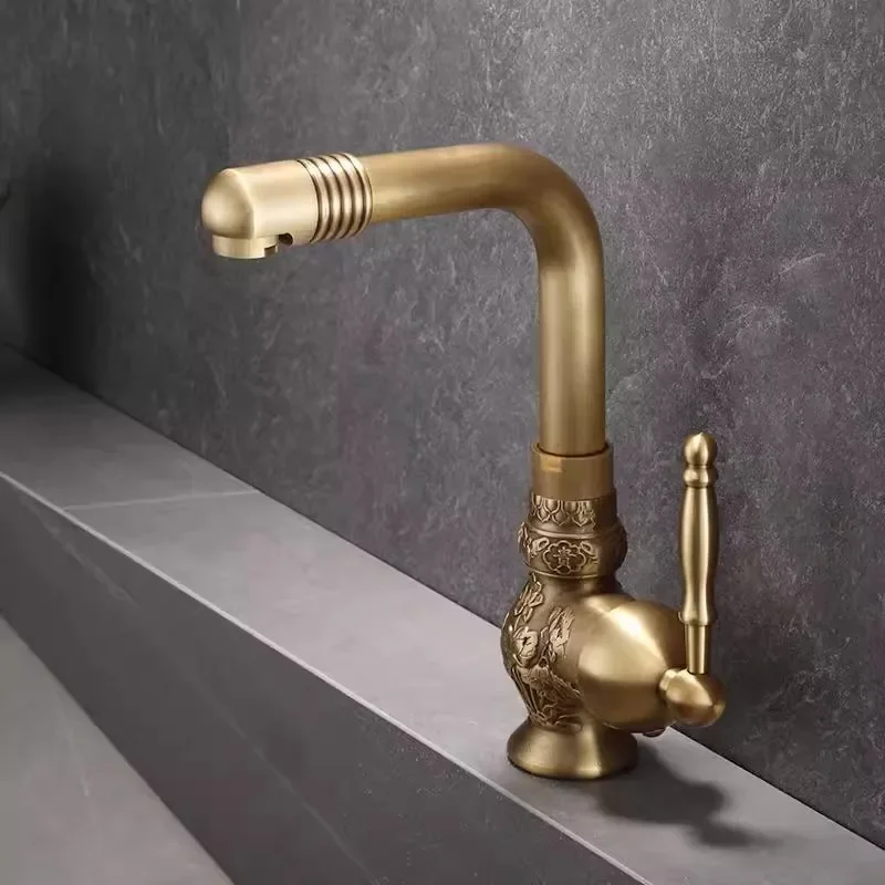 

Antique Carved Bathroom Faucet Brass Basin Faucets Hot & Cold Bathroom Sink Faucet Deck Mounted Lavotory Faucet Mixer Water Tap