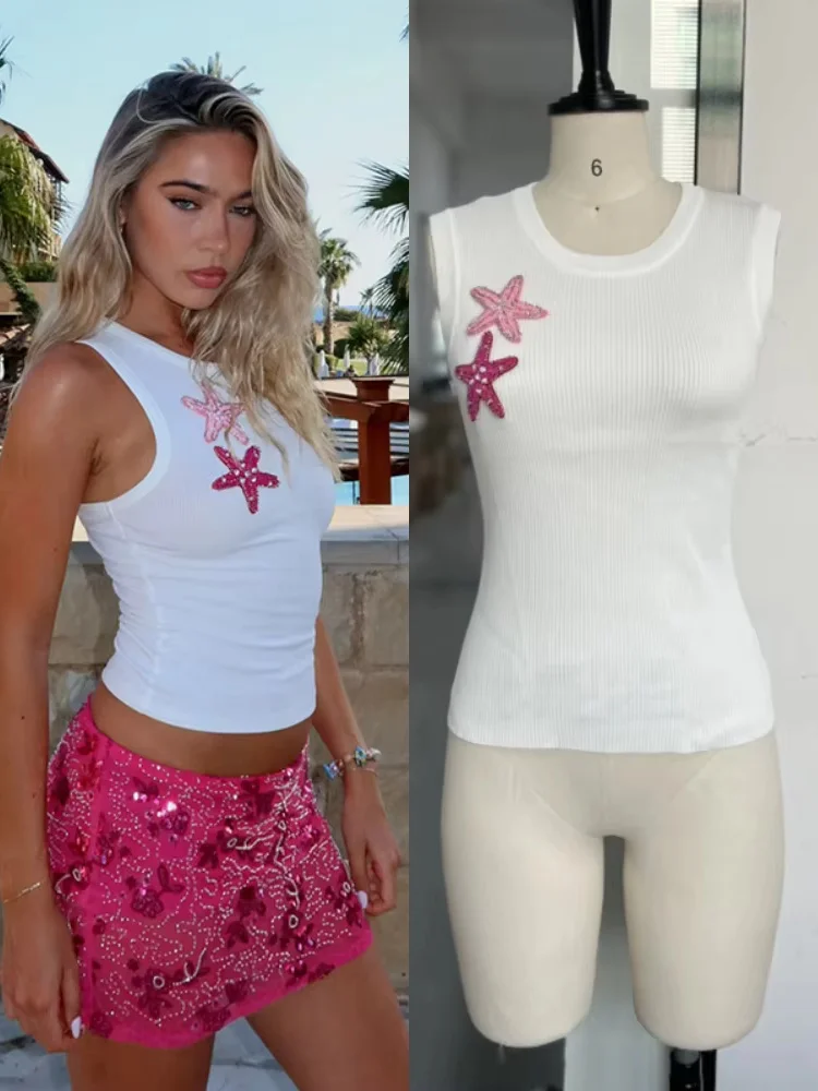 

Casual Slim Fit Tops Short Skirt Suits Round Neck Sleeveless Knitted Vest Sequin Low Waist Skirts For Women New Summer Beachwear
