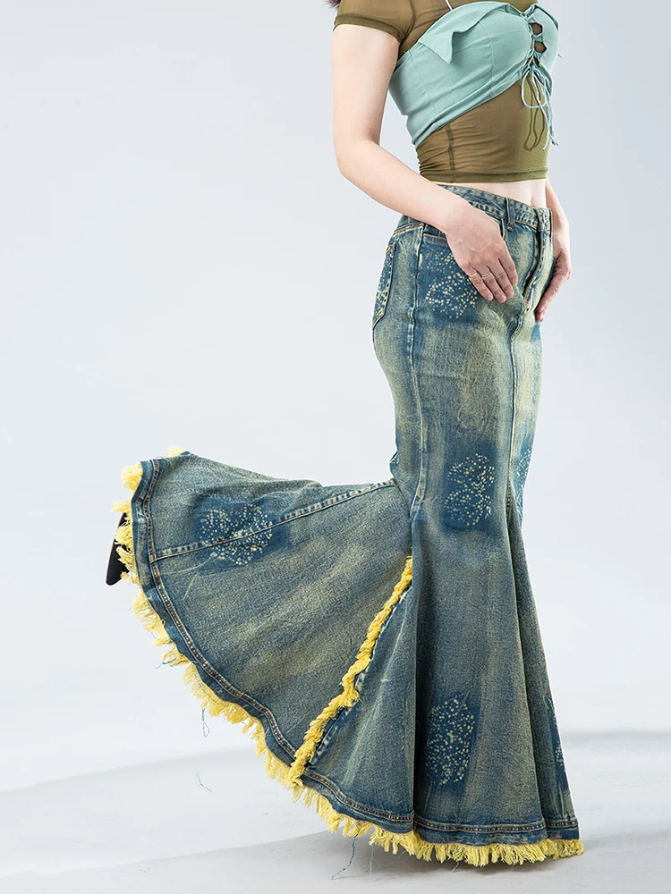

Retro Personalized Tie-dye Slim Denim Dress Fashion Fringed Personality Fishtail Skirt Trendy High Waist Sexy Mid-length Skirts