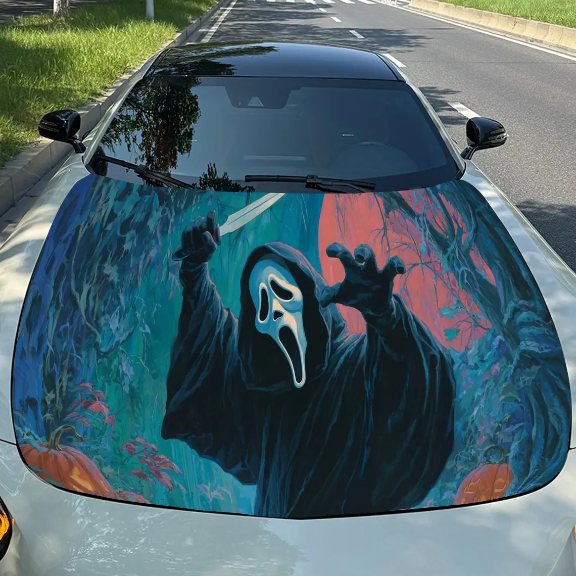 

Red Moon Scary Black Hooded Skull PVC Car Hood Wraps, Self-Adhesive Waterproof Car Bonnet Decal Sticker, Car Decoration Protecti