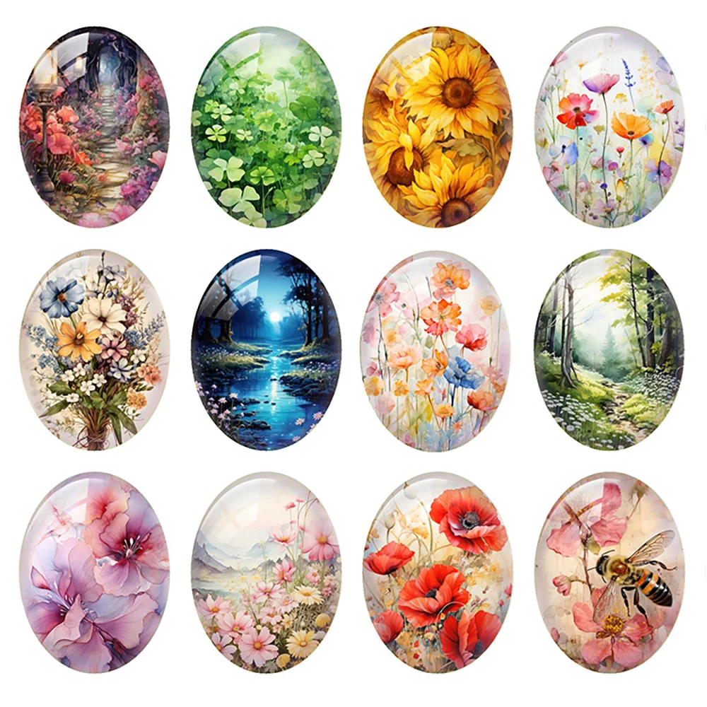 Random Mixed Round/Oval/Square Flower Plants Daisy Sunflower Photo Glass Cabochon Flatback Demo Cameo For Diy Jewelry Making