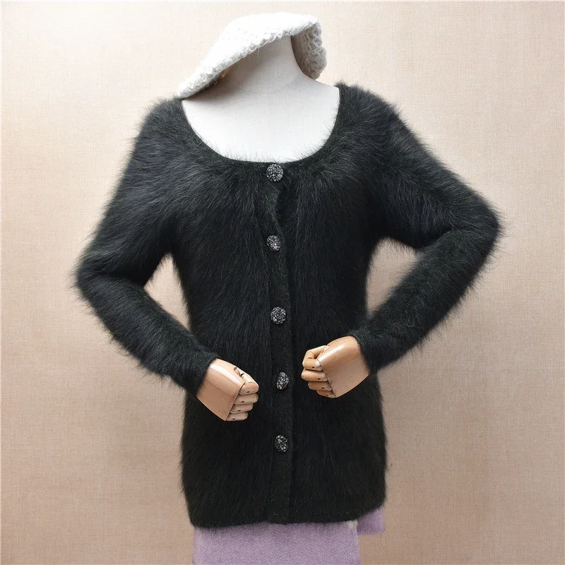 

Ladies Women Autumn Winter Clothing Hairy Plush Mink Cashmere Knitted Long Sleeves Slim Cardigans Angora Fur Sweater Jacket Pull