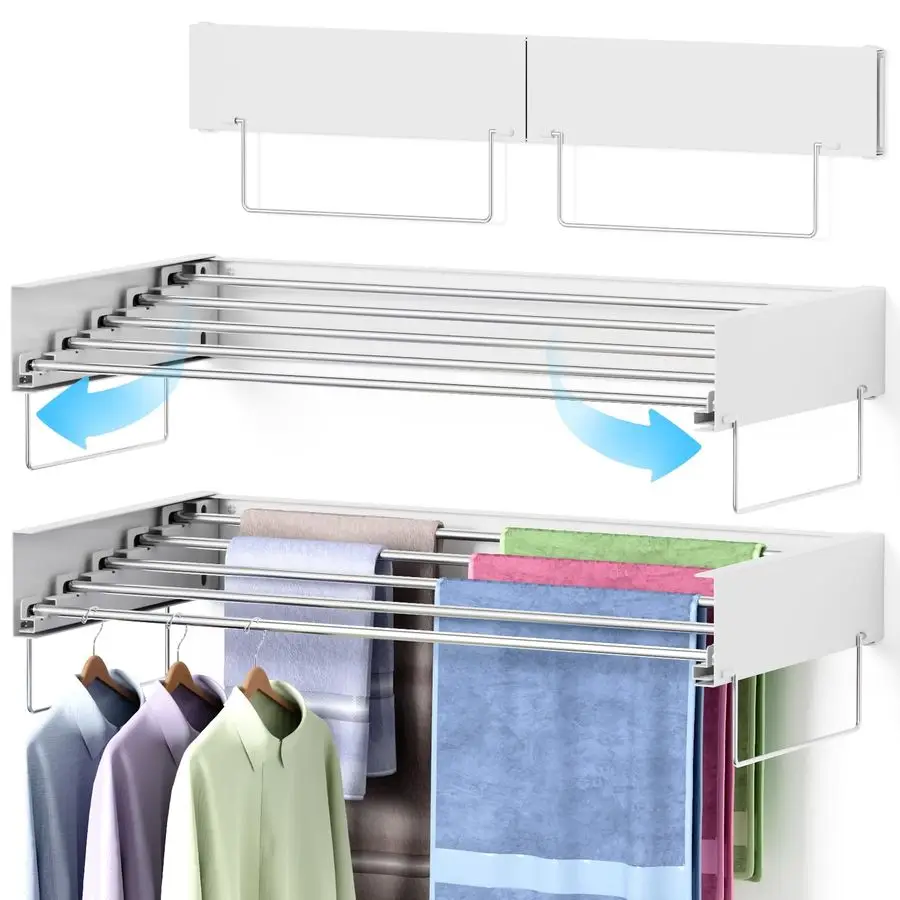 Mounted Drying Rack, Laundry Clothes Drying Rack Foldable, Collapsible Hanger Clothing Wall Mount with 2 Towel Handles and Wall