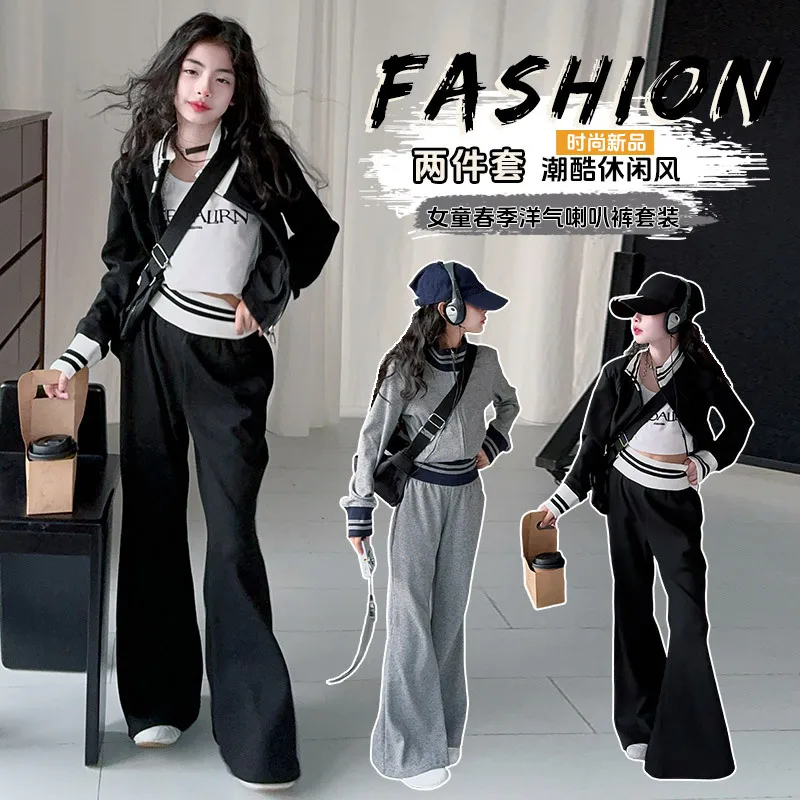 

Teens Girls Sports Clothes Set Retro Stripe Splicing Round Neck Coat+Casual Pants 2pcs junior Kid Tracksuit Suit Child Outfits