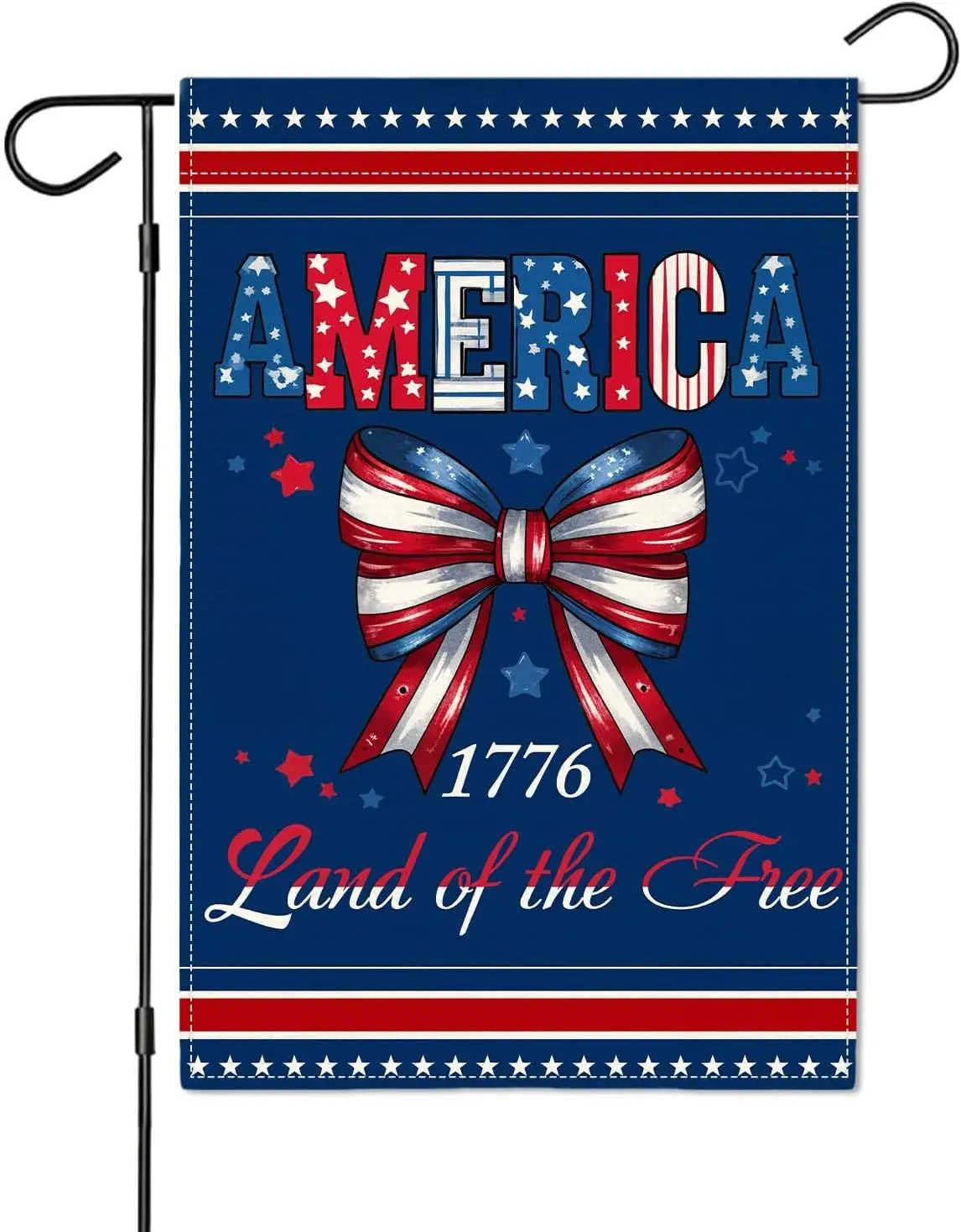 America 1776 Land of the Free Patriotic Garden Flag, 4th of July Red White Blue Bow Double Sided 12x18 Inch Burlap Yard Bann jjp