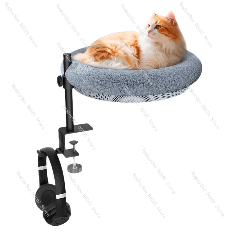 Minimalist Rotating Desktop Cat Bed Stand Adjustable Height Elevated Cat Nest for Office Desk Companion Cozy Pet Hammock Lounge