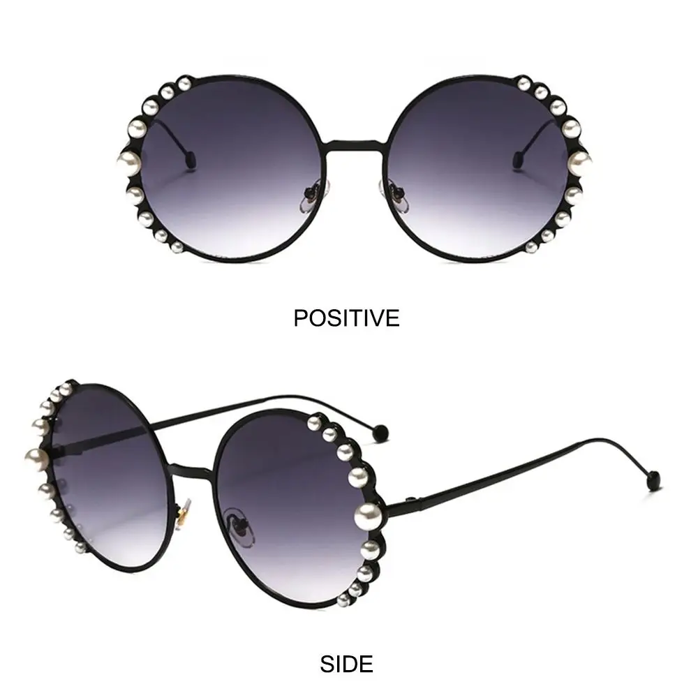 Trendy Pearl Design Round Frame Sunglasses Metal Frame UV Protection Gradient Lens Shades Round Sun Glasses for Women