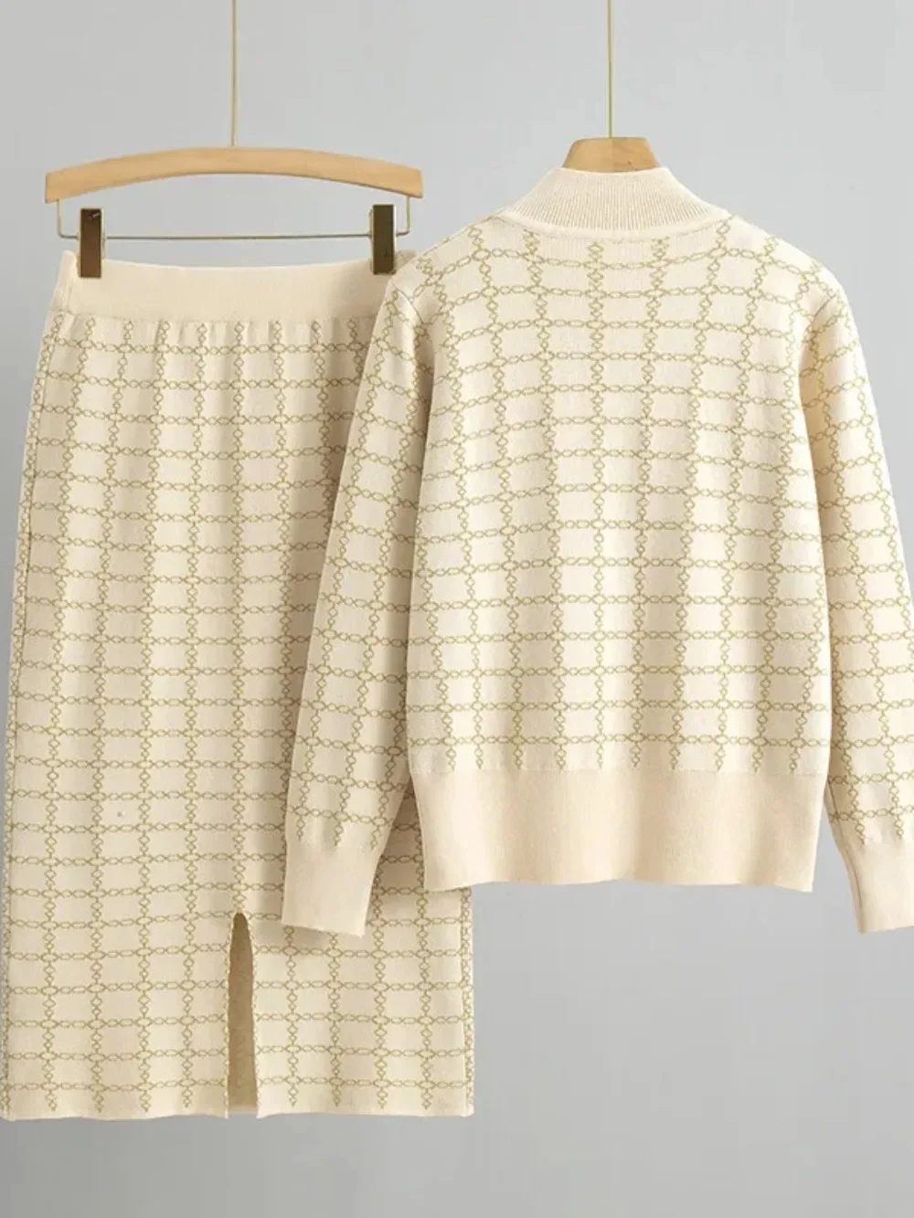 المرأة محبوك سترة قطعتين مجموعة سترة واحدة الصدر معطف تنورة طويلة دعوى الحياكة التنانير وتتسابق العربية فرقة 2025 #2