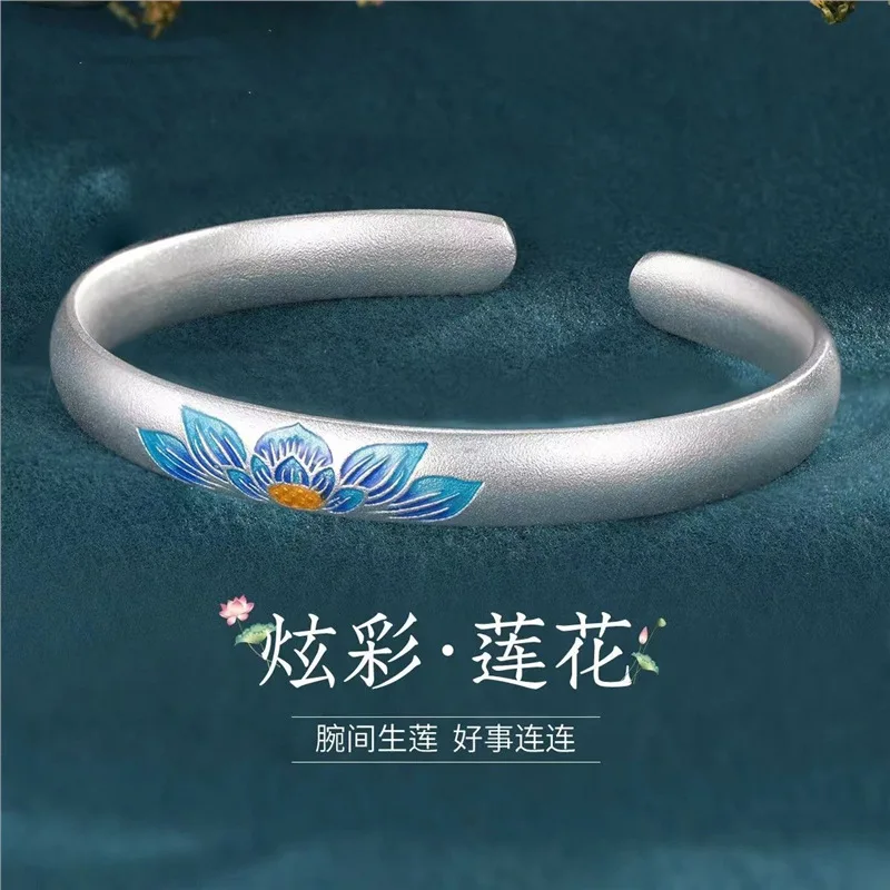 

Enamel Bracelet Women 9999 Niche Solid Silver Bangle Youth Style Girlfriend