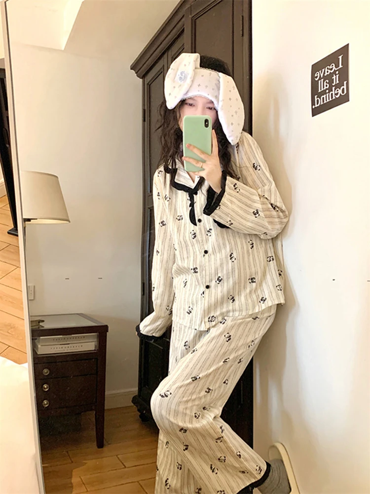 Korean Original Cute Cartoon Pure Cotton Long-sleeved Pajamas Summer New Sweet Girl Lace Print Striped Skin-friendly  Loungewear