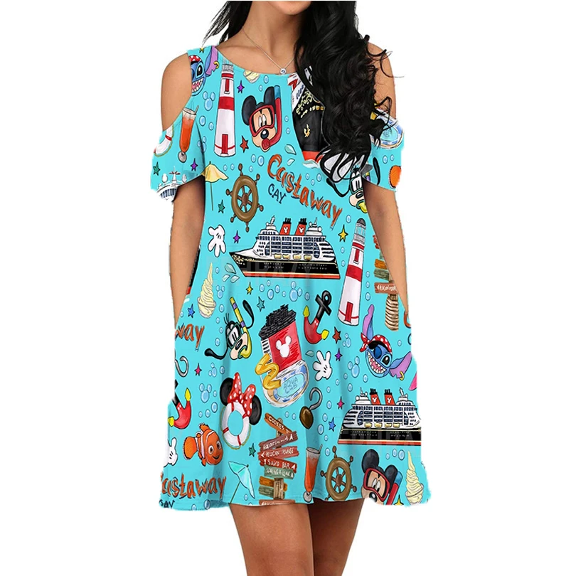 ديزني كروز فستان مثير المرأة فستان قصير الأكمام ميكي كروز فستان ديزني لاند ميكي والأصدقاء فستان الشاطئ فستان غير رسمي #1