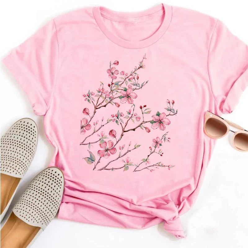 Beautiful Flower Print Women T-Shirts Casual Breathable Soft Short Sleeve Tops Loose Comfortable Street Female Clothes Pink T Sh