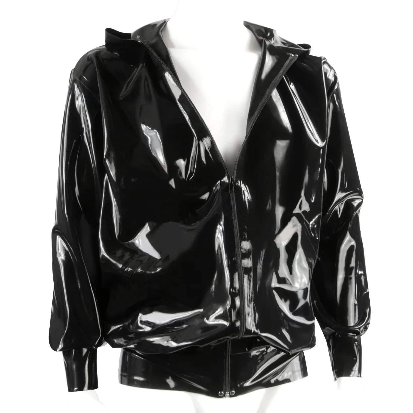 

Black Sexy Latex Bomber Jacket Flight Hoodie Loosely Front Zipper Rubber Waist Cuff Band Windbreaker Coat Parka Men 5XL YF-0460