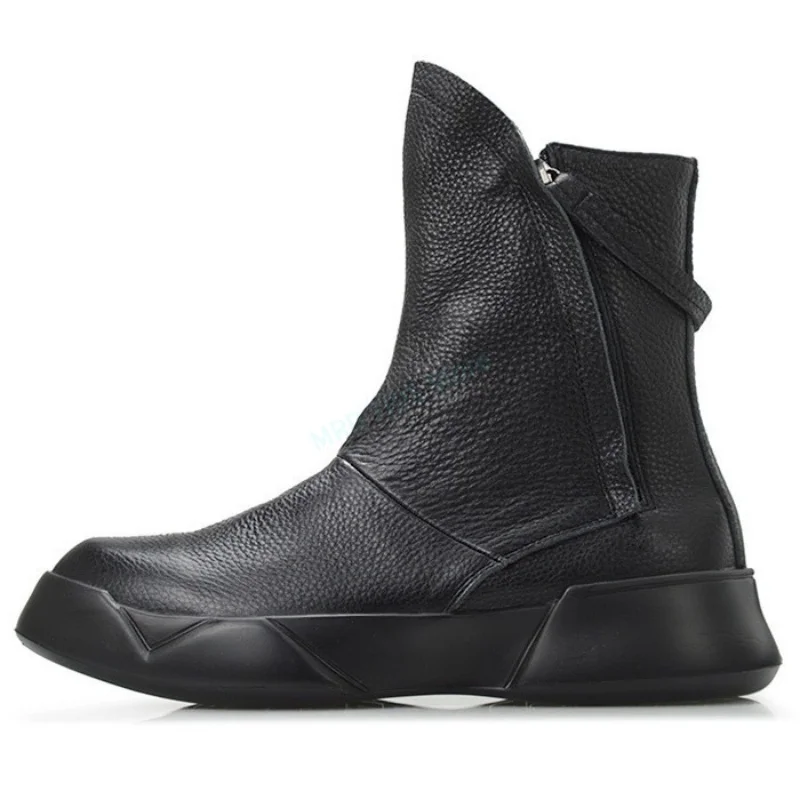 

Men Casual Shoes Brand Genuine Leather Zip Flats High Top Man's Ankle Shoes Gothic Vintage Luxury Designers Fleece Wool Boots