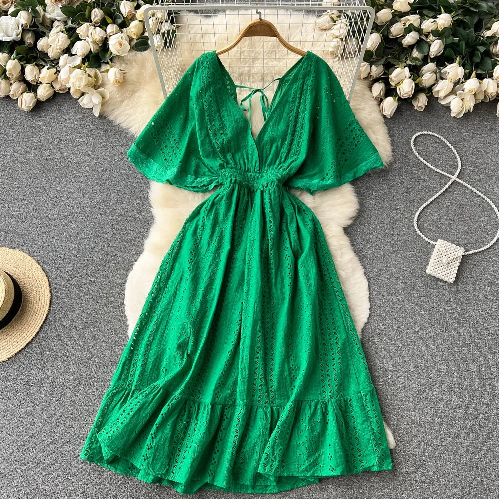 Elegant V-neck Bell Sleeve Design Slimming High Waist A-line Midi Skirt Hollow out Large Swing Summer Korean Style Dress