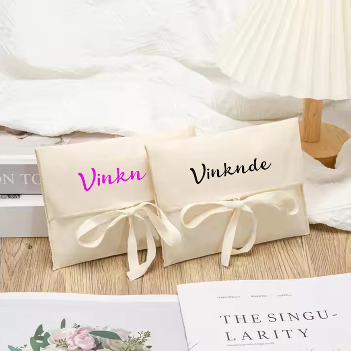 

50pcs Custom Logo Luxury Twill Cotton Suede Hair Bundle Envelop Packaging Pouch Wedding Gifts Cosmetic Storage Bag With Ribbon