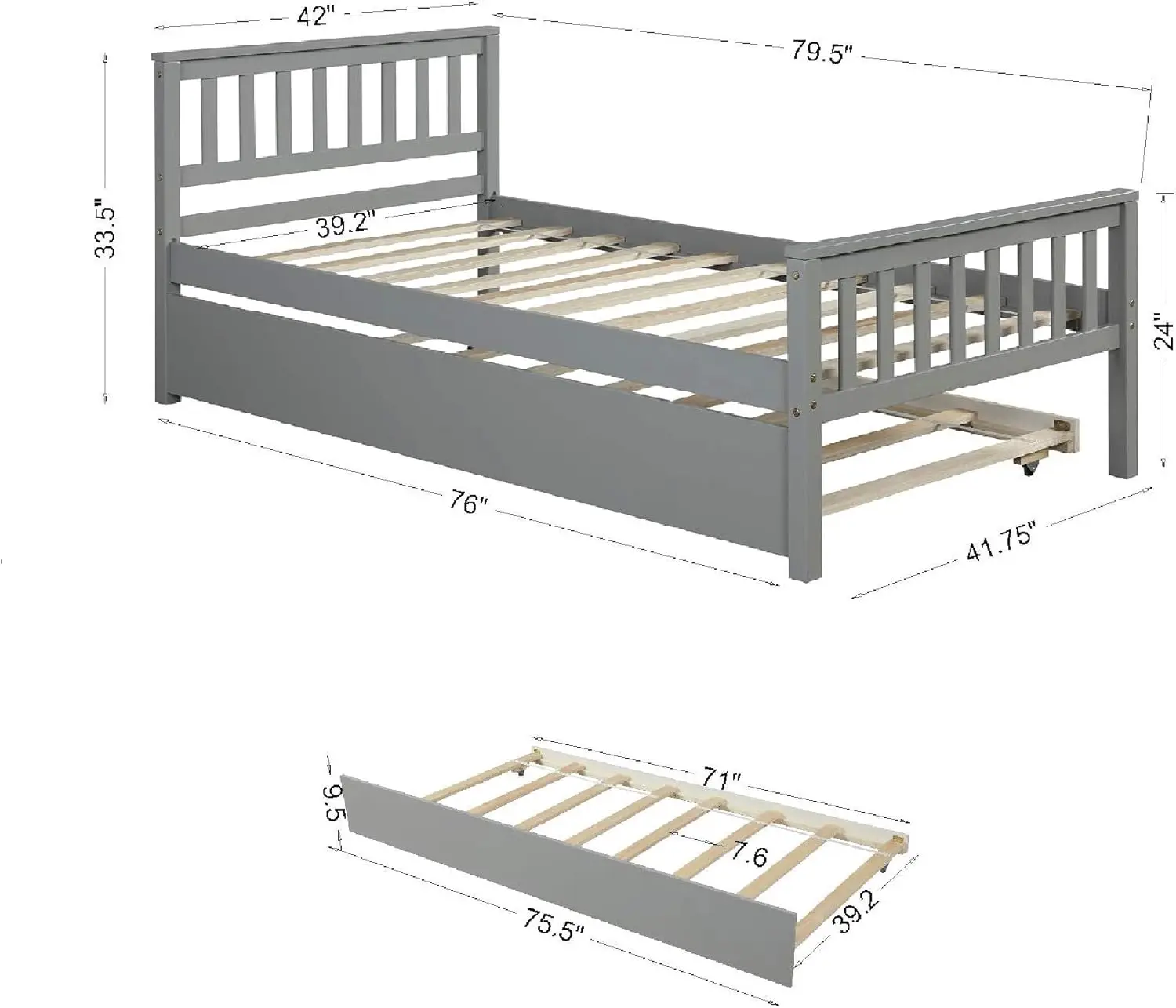 Platform Bed with Trundle, Solid Wood Bed Frame with Headboard, Footboard for Teens Boys Girls,No Box Spring Needed (Grey)