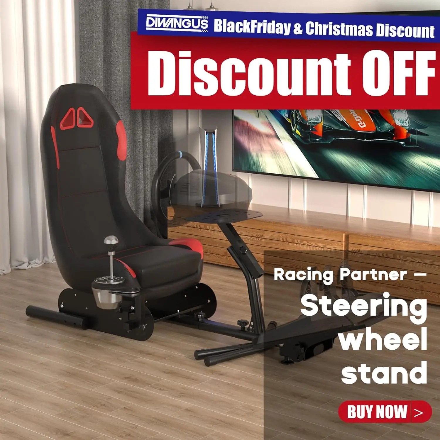 Racing Simulator Cockpit Steering Wheel Stand with Seat Gaming Chair