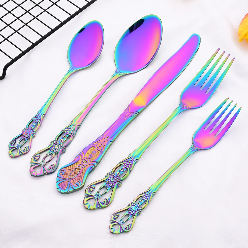 Western 36Pcs Flatware Royal Rainbow Dinnerware Set Stainless Steel Mirror Knife Spoon Fork Ice Spoon Cutlery Home Tableware Set