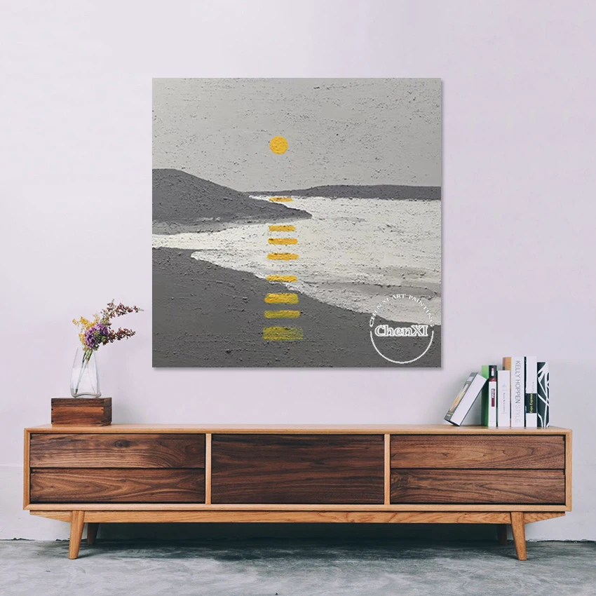 Decorative Large Beach Scenery Sunset Oil Painting, Canvas Poster Item, Pure Handmade Wall Hangings Piece, Modern New Murals Art